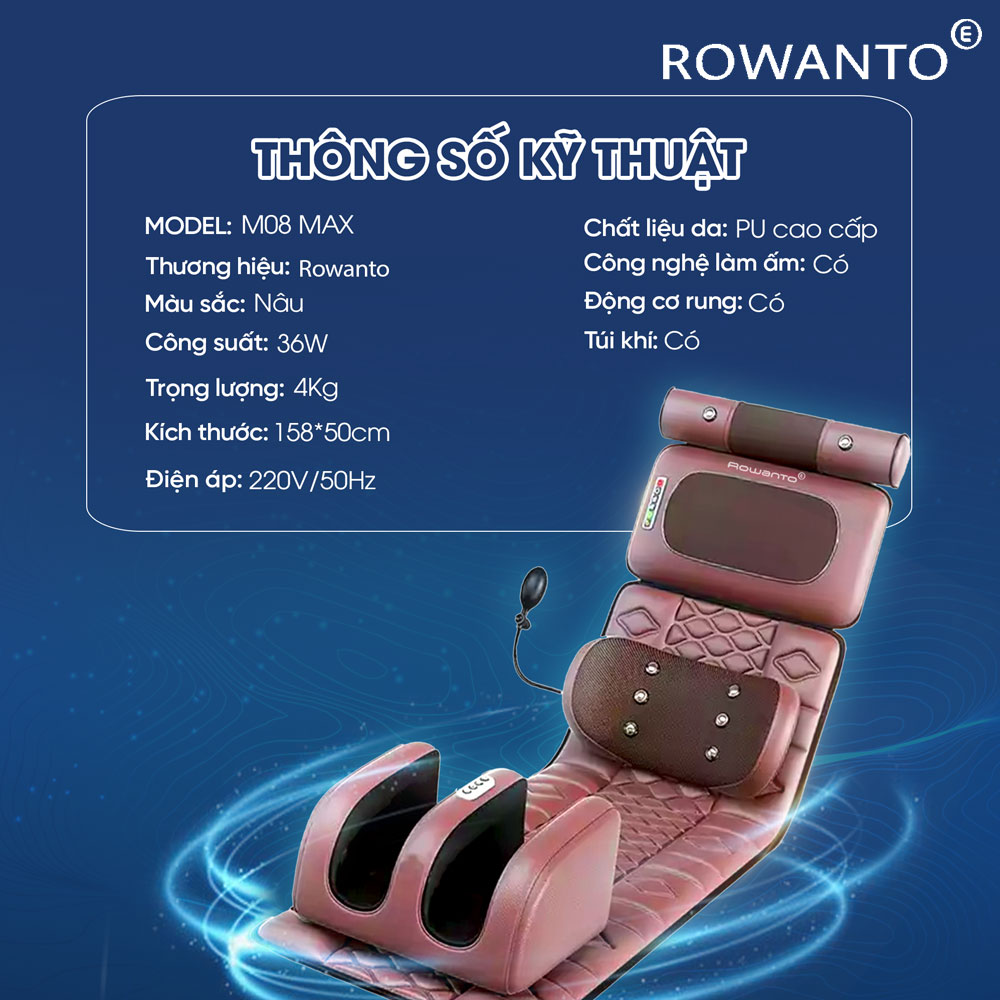 Thông số đệm massage toàn thân Rowanto M08 Max