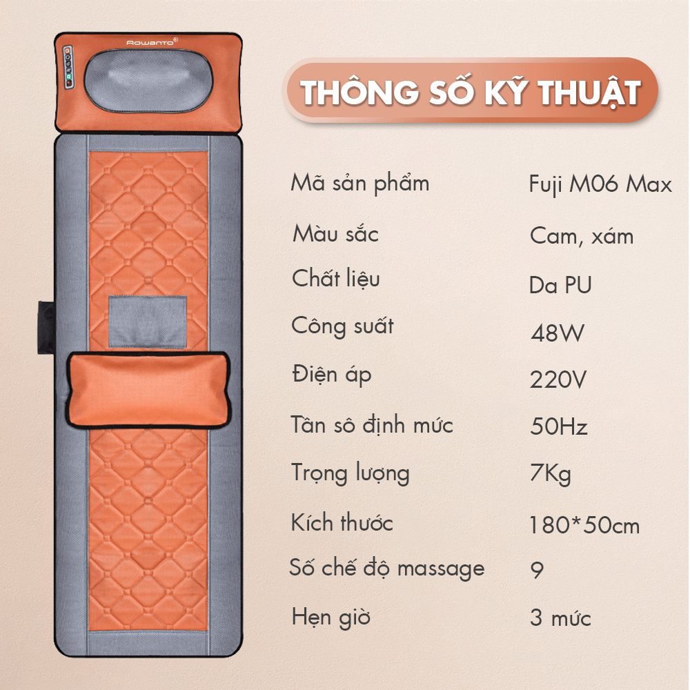 thông số Đệm massage toàn thân Rowanto Fuji M06 Max